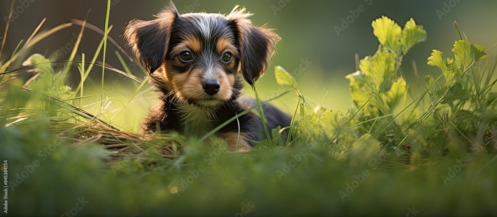 Poster portrait of a small puppy in the grass in nature. creative banner. copyspace image