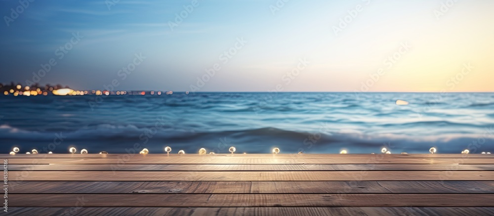 Fototapete top of wood table with seascape and palm tree blur bokeh light of calm sea and sky at tropical beach