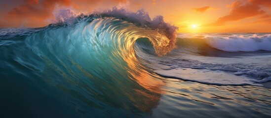 The sea wave Sunset in the sea The power of the elements Landscape photography. Creative banner. Copyspace image