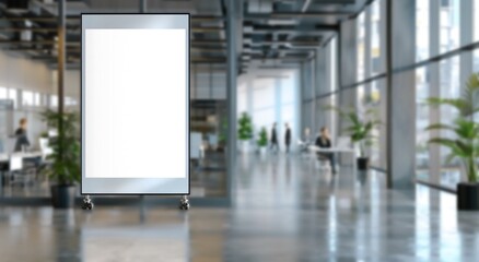 Innovative Product Showcase: Modern White Ad Board Mockup in Office Setting.White ad board mock up for product advertisement in office building.