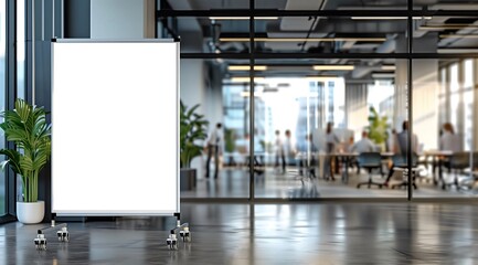 Innovative Product Showcase: Modern White Ad Board Mockup in Office Setting.White ad board mock up for product advertisement in office building.