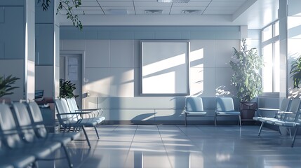 A modern hospital waiting room with comfortable chairs and an empty white poster on the wall, medical equipment visible