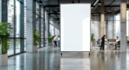 Innovative Product Showcase: Modern White Ad Board Mockup in Office Setting.White ad board mock up for product advertisement in office building.