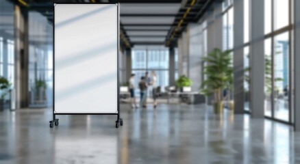 Innovative Product Showcase: Modern White Ad Board Mockup in Office Setting.White ad board mock up for product advertisement in office building.