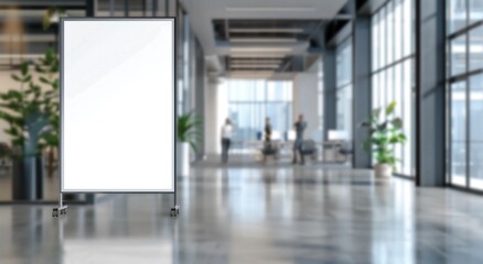 Innovative Product Showcase: Modern White Ad Board Mockup in Office Setting.White ad board mock up for product advertisement in office building.