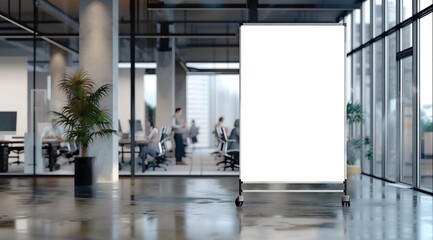 Innovative Product Showcase: Modern White Ad Board Mockup in Office Setting.White ad board mock up for product advertisement in office building.