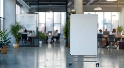 Innovative Product Showcase: Modern White Ad Board Mockup in Office Setting.White ad board mock up for product advertisement in office building.