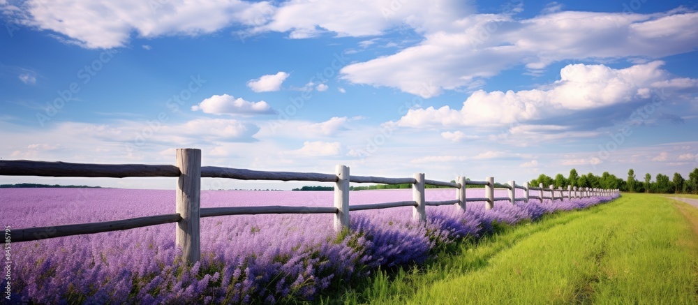 Poster a road with a fence and a field with trees in the background and a blue sky with clouds above. creat