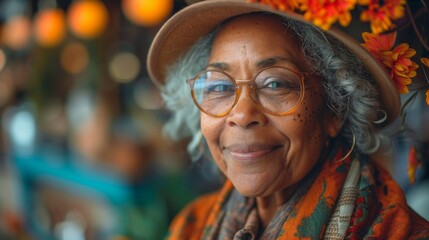 Obraz premium A warm, smiling elderly lady with glasses and a hat surrounded by autumn flowers and decor