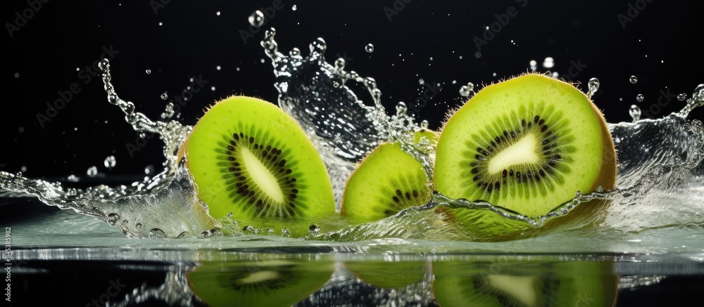Aufkleber fresh kiwi splash in water to movement with bubbles. creative banner. copyspace image