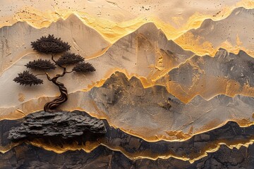 Stucco artwork of a tranquil bonsai garden set against the silhouette of mountains at sunset.