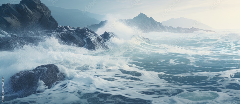 Poster waves crashing on the rocks. creative banner. copyspace image
