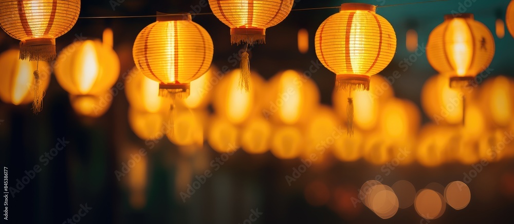 Aufkleber a row of yellow lanterns at night against a blurred background the subject is out of focus. creative