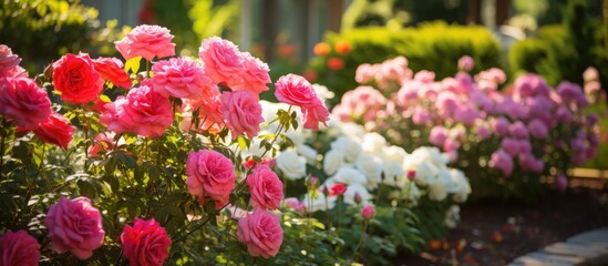 Fototapeta premium garden flowers greeting card background roses summer flower bed landscape design. Creative banner. Copyspace image