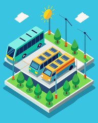 Obraz premium The solarpowered bus depots parking lot doubles as a charging station with numerous solar panels providing electricity to the buses during breaks in their routes.. Vector illustration