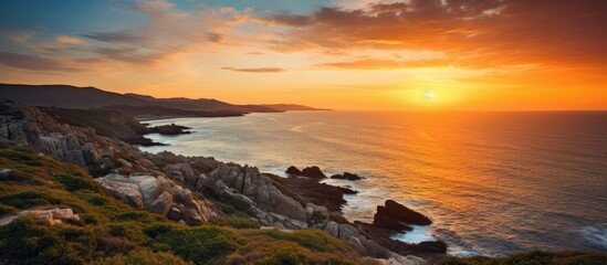 Fototapeta premium Coastal scenery where the morning sun rises. Creative banner. Copyspace image