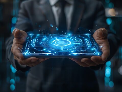 Businessman with Secure Digital Lock Screen A businessman holding a digital lock screen