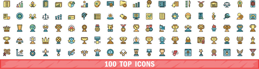 100 top icons set. Color line set of top vector icons thin line color flat on white