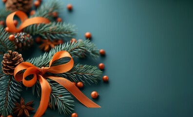 Festive pine wreath with orange ribbons on green background for christmas decoration