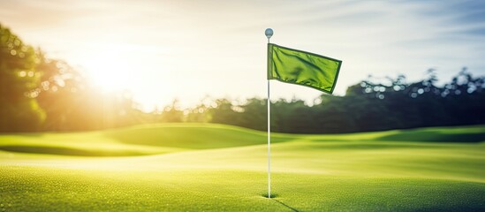 Close Up of Flag on Green at Golf Course. Creative banner. Copyspace image
