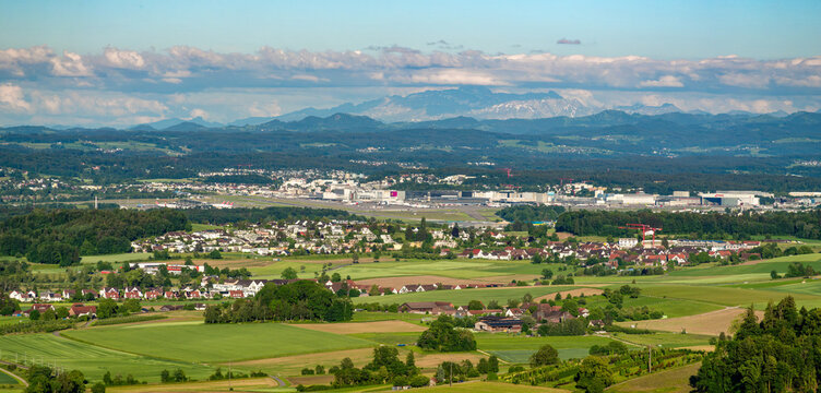 The town of Kloten and Zurich aeroport in Switzerland -panoramic view from Regensberg