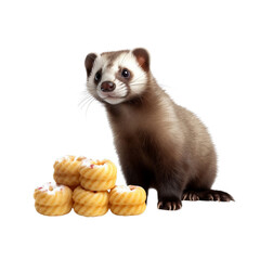 Fototapeta premium A cute ferret sitting beside a stack of yellow pastries. Adorable animal imagery perfect for various creative projects.