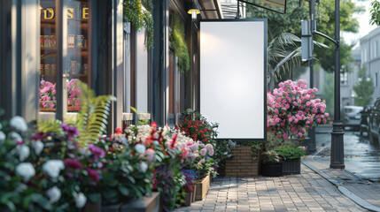 Blank Sign Mockup on a Brick Wall with Flowers.