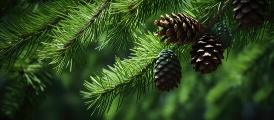 beautiful bunch of fir cones on a green branch. Creative banner. Copyspace image