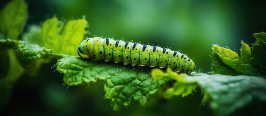 Naklejka premium caterpillar crawling on the leaf. Creative banner. Copyspace image