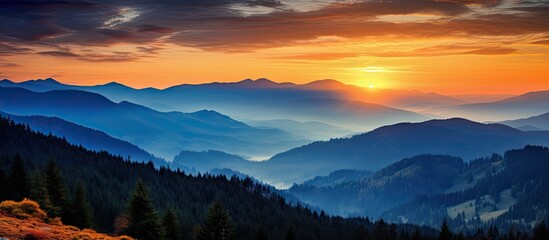 Fototapeta premium Beautiful summer sunset in the mountain. Creative banner. Copyspace image