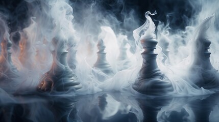 Mystical Chess Pieces in Foggy Atmosphere with Ethereal Lighting