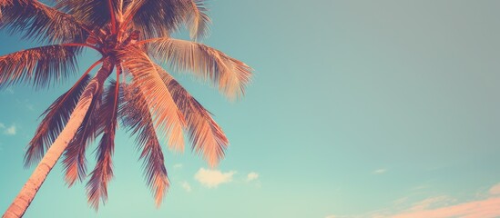 Beautiful tropical coconut palm tree on sky Vintage Filter. Creative banner. Copyspace image