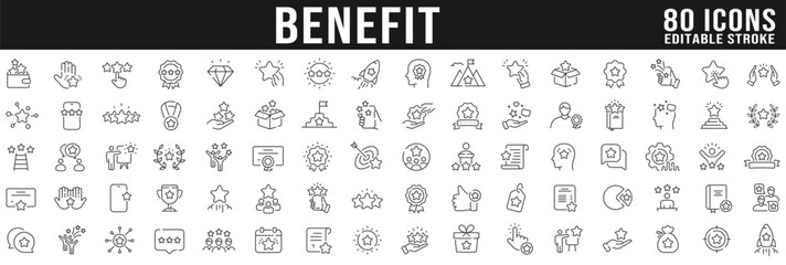 Benefit line icon big set. Reward, bonus, loyalty, star, winner, award, emploee etc. Editable stroke