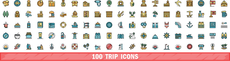 100 trip icons set. Color line set of trip vector icons thin line color flat on white