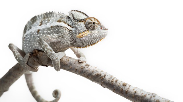 Close-up of an isolated, disinterested chameleon on a branch, isolated on a white background, detailed scales, sharp focus, clean and minimalistic, unengaged expressionbrigth tone