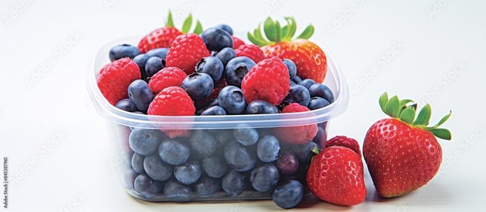 Poster blueberries and strawberries placed in a container can be used for promotional media. creative banne