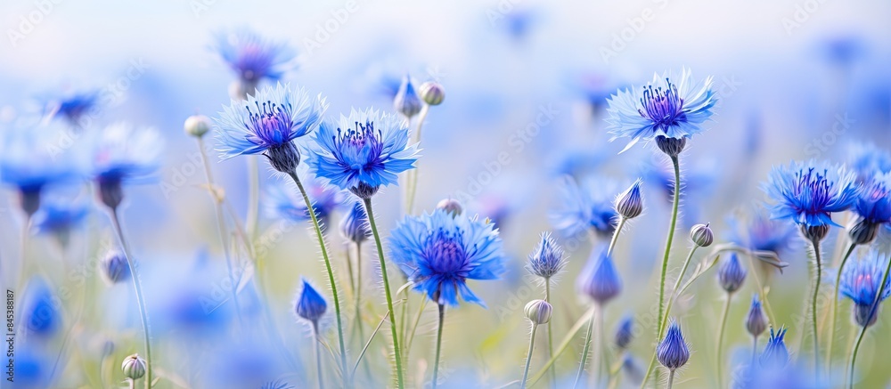 Poster Cornflowers in the field soft focus shallow depth of field. Creative banner. Copyspace image
