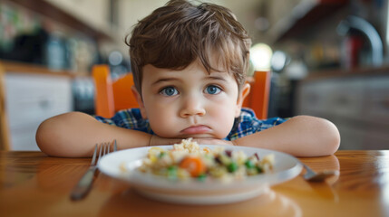 Young Child Reluctant to Eat Vegetables, a kid refuses to eat his meal.