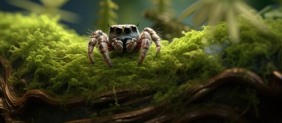 marco photography jumping spider predation. Creative banner. Copyspace image