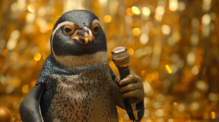 A penguin with a microphone, ready to perform on a stage with a golden backdrop.