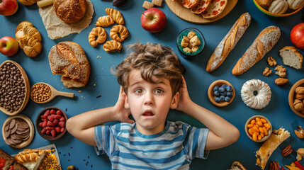 Overwhelmed Child Surrounded by Diverse Foods. 