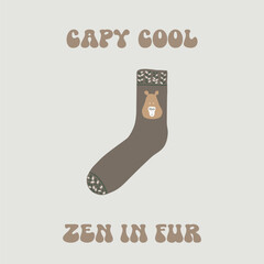 Textile children's sock with copybara, inscription, vector