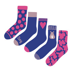 Set of warm colorful child warm socks in simple naive style, vector