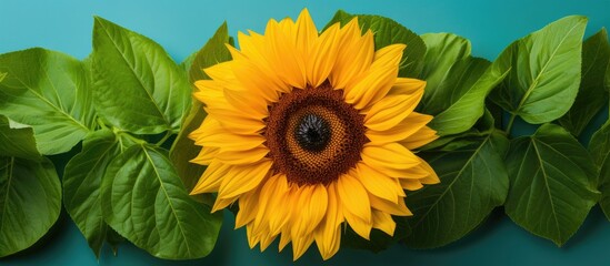 Close up of sunflower Big yellow flower with big green leaf. Creative banner. Copyspace image