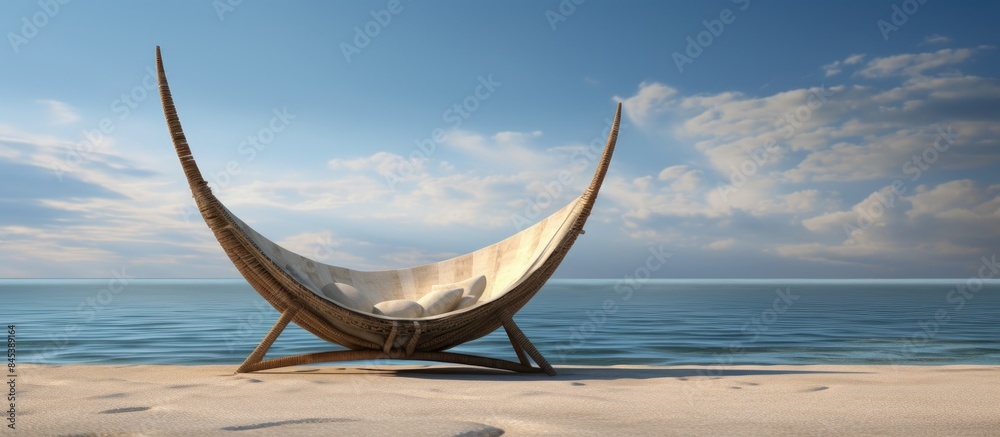 Poster empty cradle with sea beach background. creative banner. copyspace image