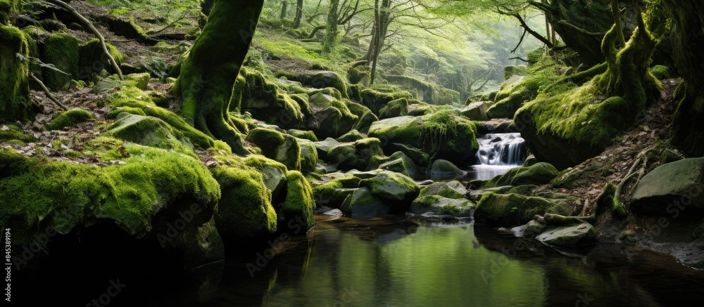 Poster mossy stream surrounded by tree roots. creative banner. copyspace image