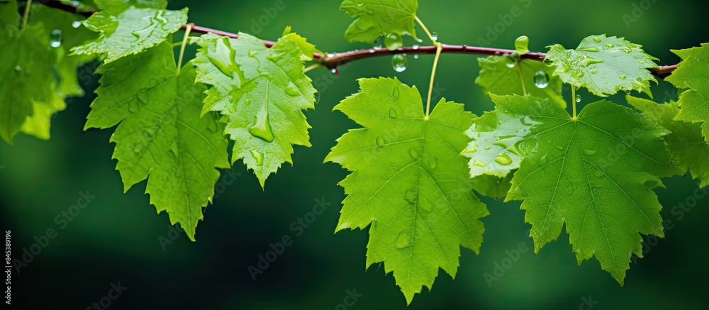 Poster rain drops on the leaves of wild grapes with isolated green background green leaves of wild grapes i