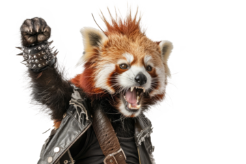 A playful red panda in a spiked mohawk and ripped t-shirt, embodying a punk rock spirit
