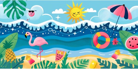 Obraz premium vibrant beach scene illustration featuring a flamingo, sunshine, and tropical elements. Ideal for summer-themed projects and children’s books.
