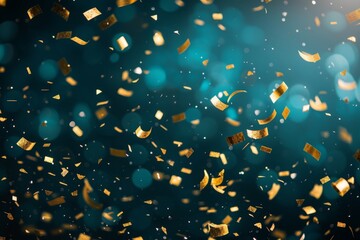Golden confetti falling on dark teal background with bokeh effect celebratory festive mood